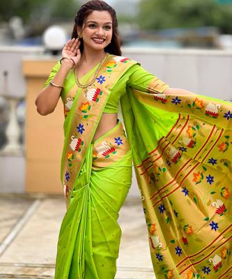 parrot green paithani silk blend woven meenakari jacquard heavy wedding special saree 3