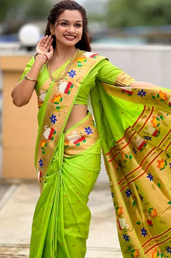 parrot green paithani silk blend woven meenakari jacquard heavy wedding special saree