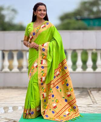 parrot green paithani silk blend woven meenakari jacquard heavy wedding special saree 4