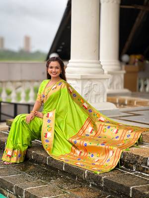 parrot green paithani silk blend woven meenakari jacquard heavy wedding special saree 5