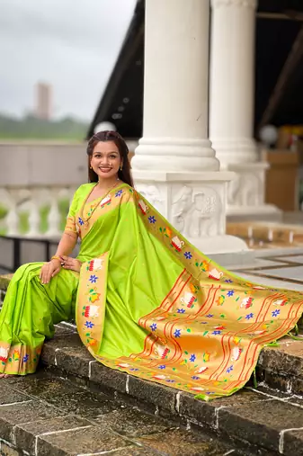 parrot green paithani silk blend woven meenakari jacquard heavy wedding special saree