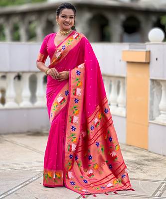 pink paithani silk blend woven meenakari jacquard heavy wedding special saree 1