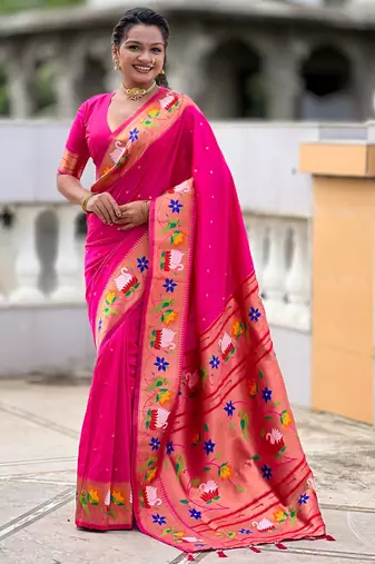 pink color paithani silk blend  woven meenakari jacquard designer heavy wedding special saree