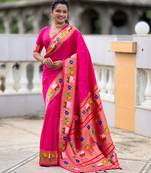 pink paithani silk blend woven meenakari jacquard heavy wedding special saree