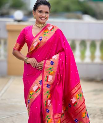 pink paithani silk blend woven meenakari jacquard heavy wedding special saree 3