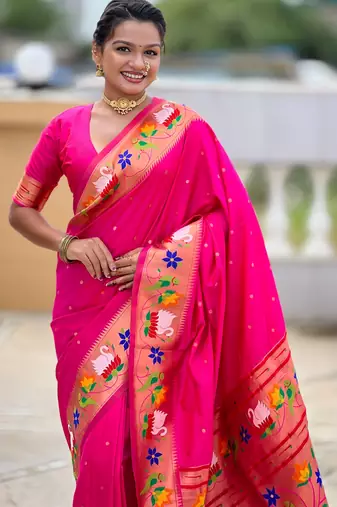 pink paithani silk blend woven meenakari jacquard heavy wedding special saree