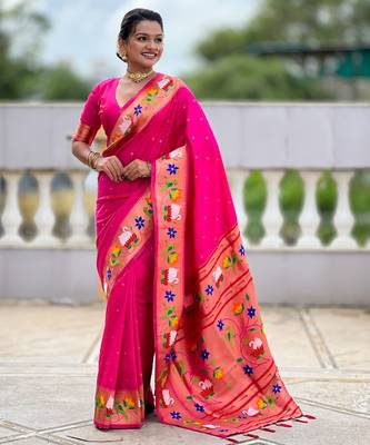 pink paithani silk blend woven meenakari jacquard heavy wedding special saree 4