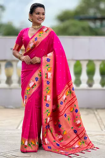 pink paithani silk blend woven meenakari jacquard heavy wedding special saree