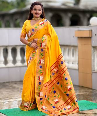 yellow paithani silk blend woven meenakari jacquard heavy wedding special saree 1