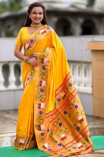 yellow color paithani silk blend  woven meenakari jacquard designer heavy wedding special saree