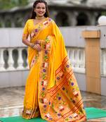 yellow paithani silk blend woven meenakari jacquard heavy wedding special saree
