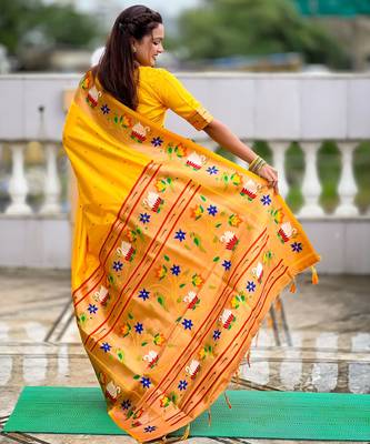 yellow paithani silk blend woven meenakari jacquard heavy wedding special saree 2