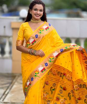 yellow paithani silk blend woven meenakari jacquard heavy wedding special saree 3