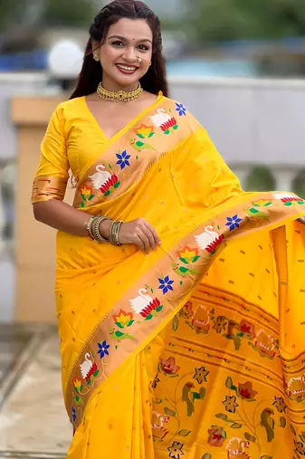 yellow paithani silk blend woven meenakari jacquard heavy wedding special saree