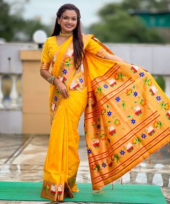 yellow paithani silk blend woven meenakari jacquard heavy wedding special saree 4