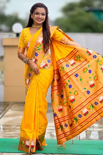 yellow paithani silk blend woven meenakari jacquard heavy wedding special saree