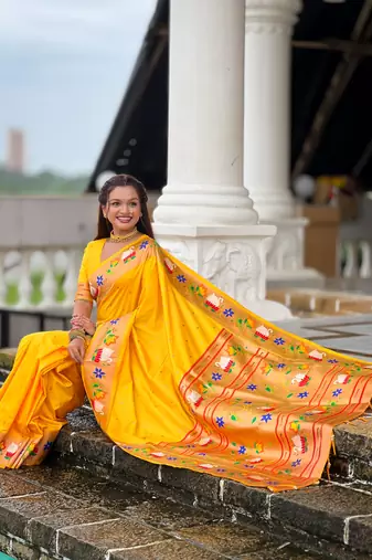 yellow paithani silk blend woven meenakari jacquard heavy wedding special saree