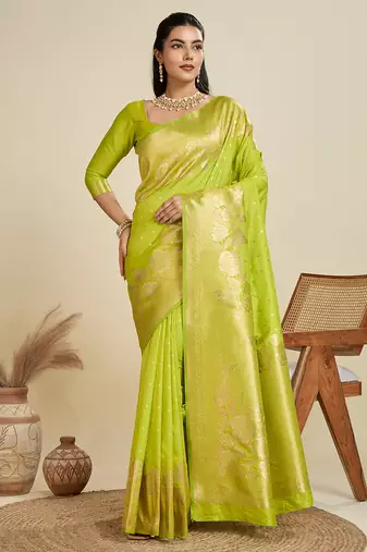 parrot green color wevon jari rich pallu border designer kanjivaram silk blend saree