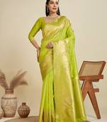 parrot green color wevon jari rich pallu border kanjivaram silk blend saree