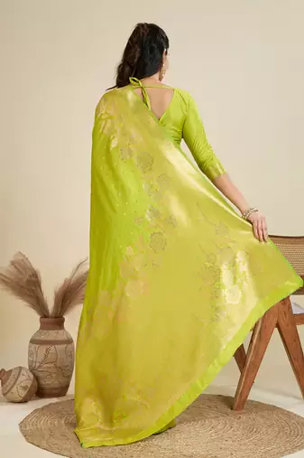 parrot green wevon zari rich pallu border kanjivaram silk blend saree