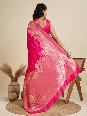 pink wevon zari rich pallu border kanjivaram silk blend saree 2