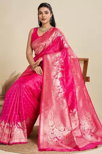 pink wevon zari rich pallu border kanjivaram silk blend saree