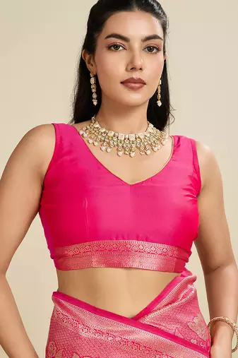 pink wevon zari rich pallu border kanjivaram silk blend saree