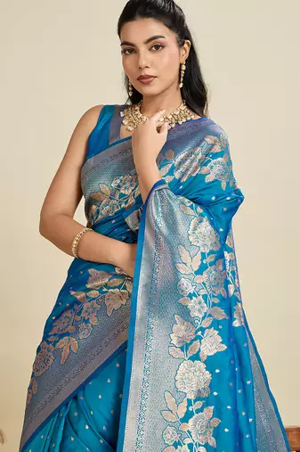 teal blue wevon zari rich pallu border kanjivaram silk blend saree