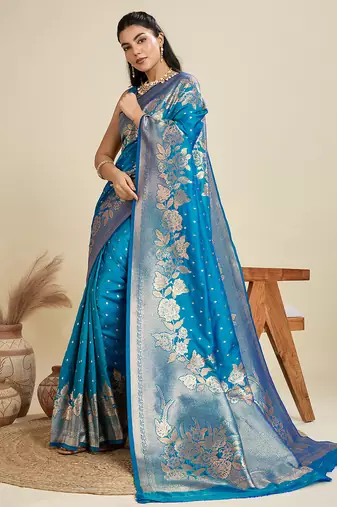 teal blue wevon zari rich pallu border kanjivaram silk blend saree