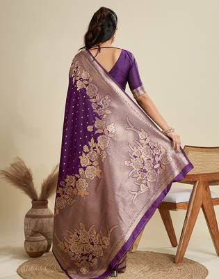 voilet wevon zari rich pallu border kanjivaram silk blend saree 2