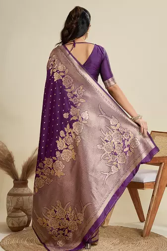 voilet wevon zari rich pallu border kanjivaram silk blend saree