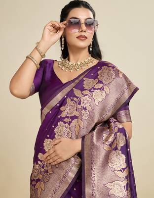 voilet wevon zari rich pallu border kanjivaram silk blend saree 3