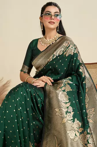 green wevon zari rich pallu border kanjivaram silk blend saree