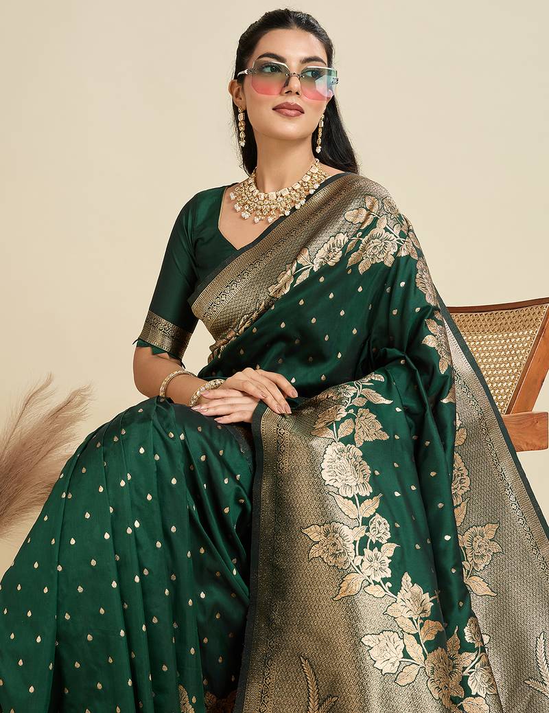 green color wevon jari rich pallu border designer kanjivaram silk blend saree