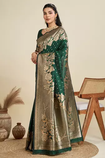 green wevon zari rich pallu border kanjivaram silk blend saree