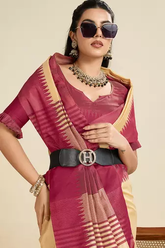 Cream khadi raw silk blend wevon pallu border ethnic festive wear saree