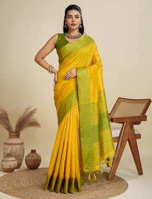 Yellow khadi raw silk blend wevon pallu border ethnic festive wear saree 1