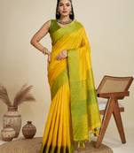 Yellow color khadi raw silk wevon pallu border ethnic festive wear saree