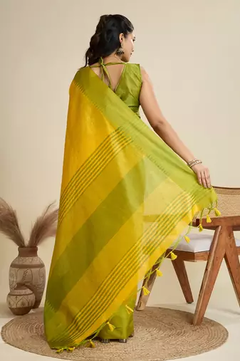 Yellow khadi raw silk blend wevon pallu border ethnic festive wear saree