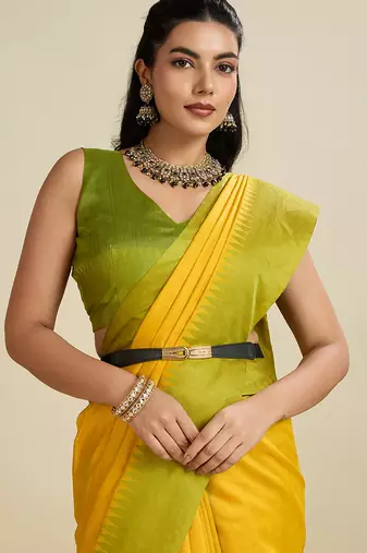 Yellow khadi raw silk blend wevon pallu border ethnic festive wear saree