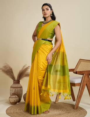 Yellow khadi raw silk blend wevon pallu border ethnic festive wear saree 4