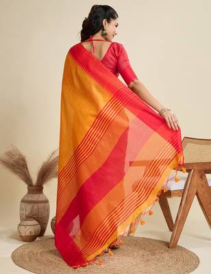 Mustard khadi raw silk blend wevon pallu border ethnic festive wear saree 2