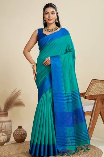 Rama color khadi raw silk wevon pallu border designer ethnic festive wear saree