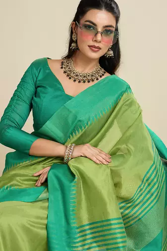 Pista khadi raw silk blend wevon pallu border ethnic festive wear saree