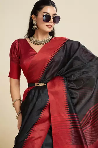 Black khadi raw silk blend wevon pallu border ethnic festive wear saree