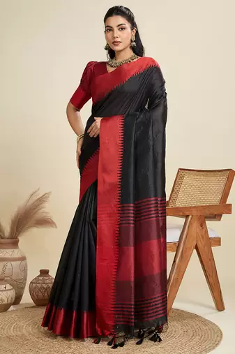 Black khadi raw silk blend wevon pallu border ethnic festive wear saree