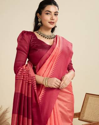 Peach khadi raw silk blend wevon pallu border ethnic festive wear saree 3