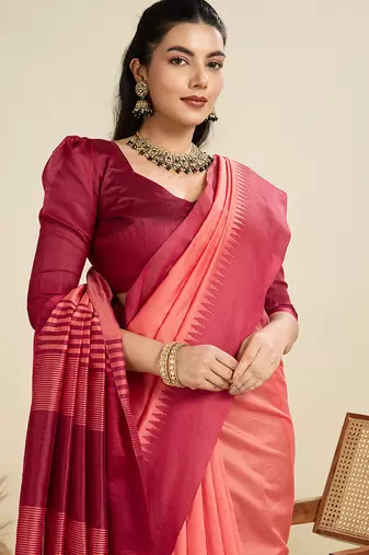 Peach khadi raw silk blend wevon pallu border ethnic festive wear saree