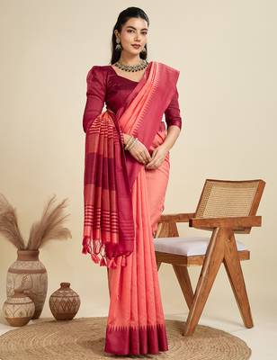 Peach khadi raw silk blend wevon pallu border ethnic festive wear saree 4
