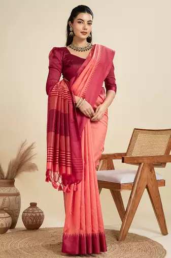 Peach khadi raw silk blend wevon pallu border ethnic festive wear saree